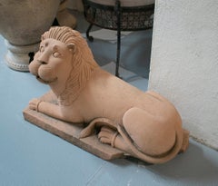 Pair of 1950s Indian Handcarved Sandstone Main Door Guard Lions