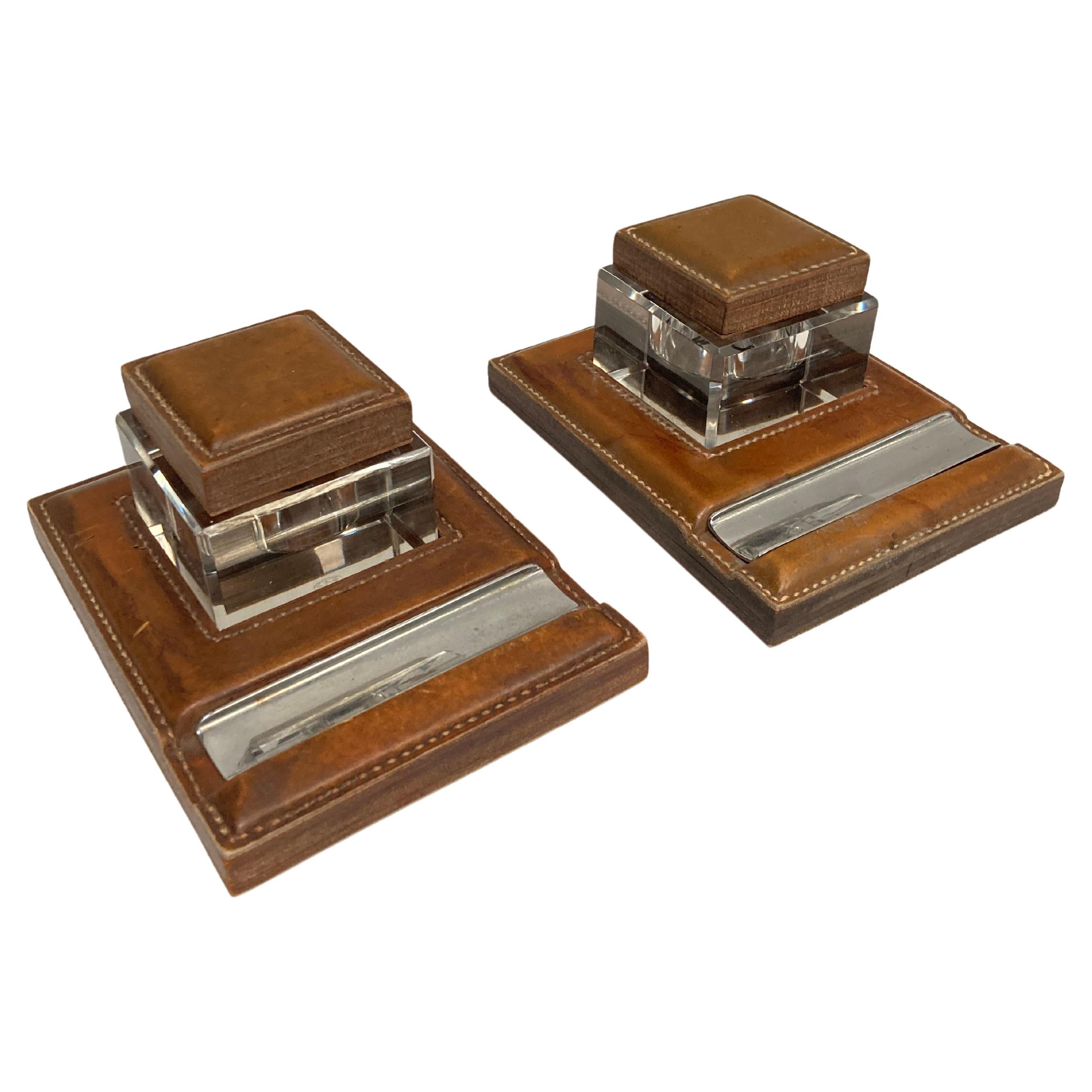 Pair of 1950's Inkwells by Paul Dupre-Lafon for Hermès For Sale