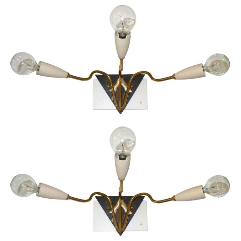 Pair of 1950's Italian 3 - Arm Sconces For Sale