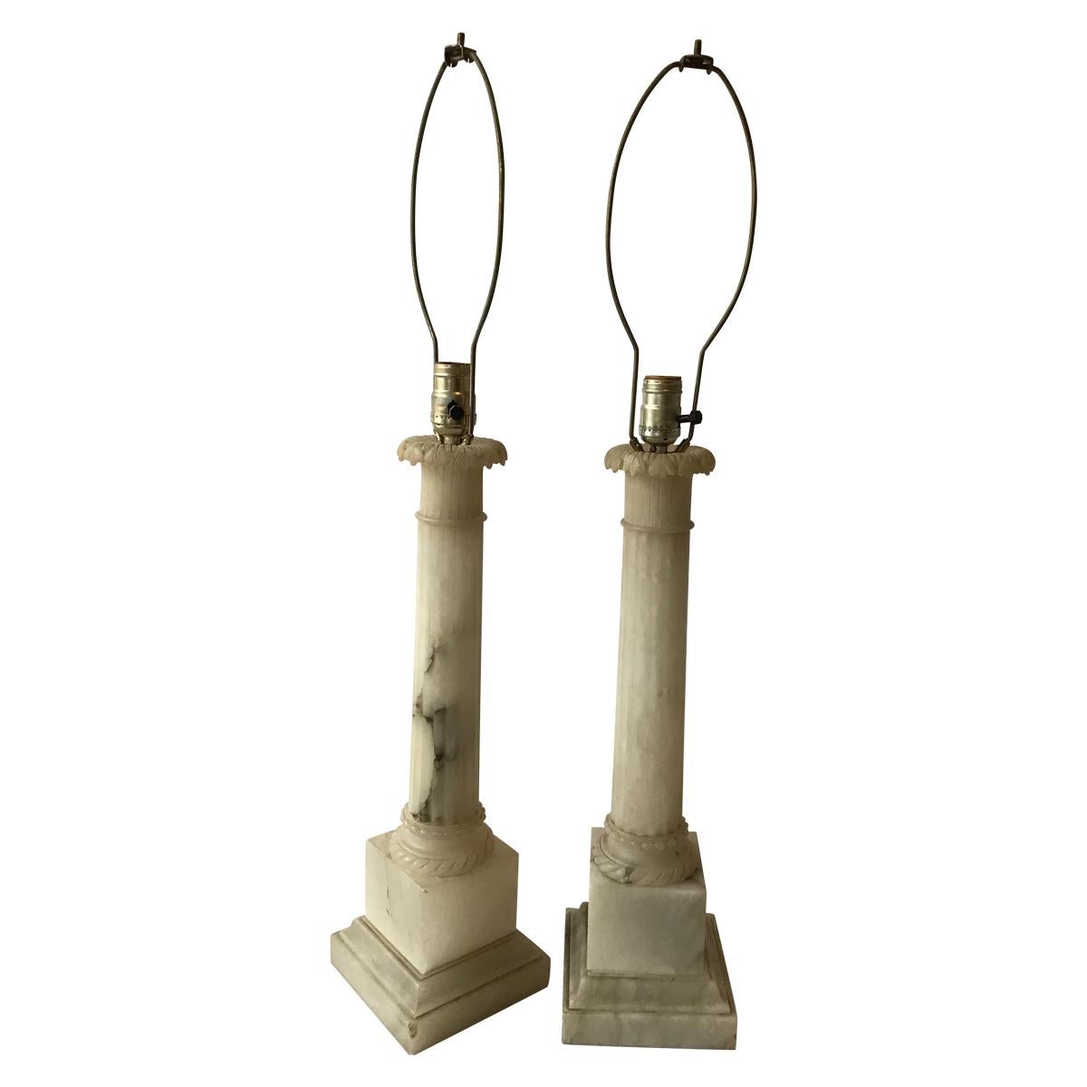 Pair of 1950s Italian Alabaster Column Lamps