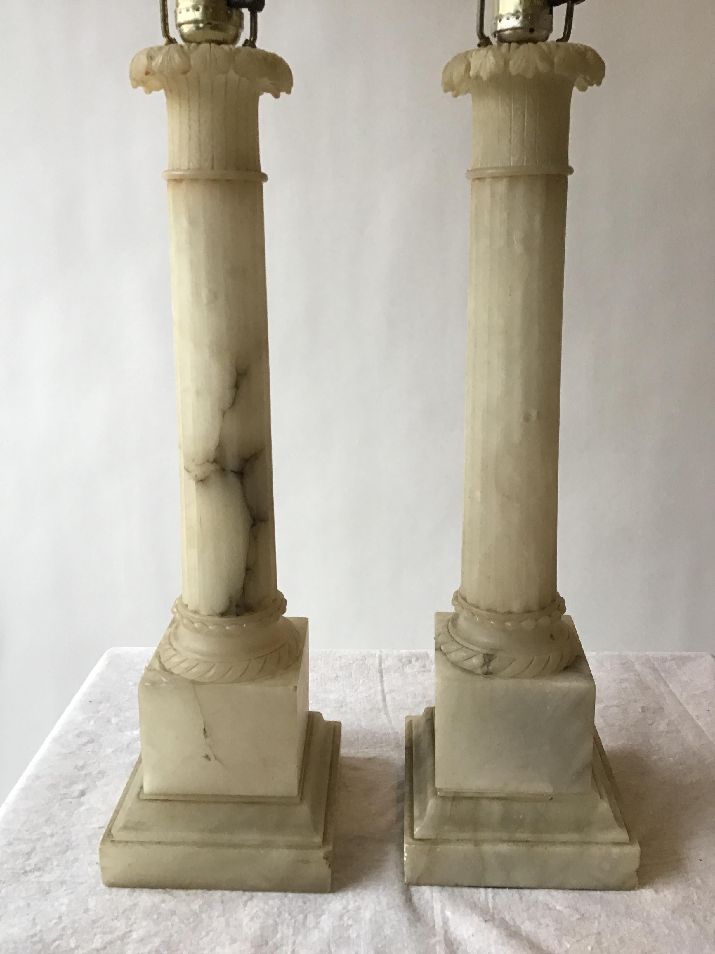 Pair of 1950s Italian Alabaster column lamps.