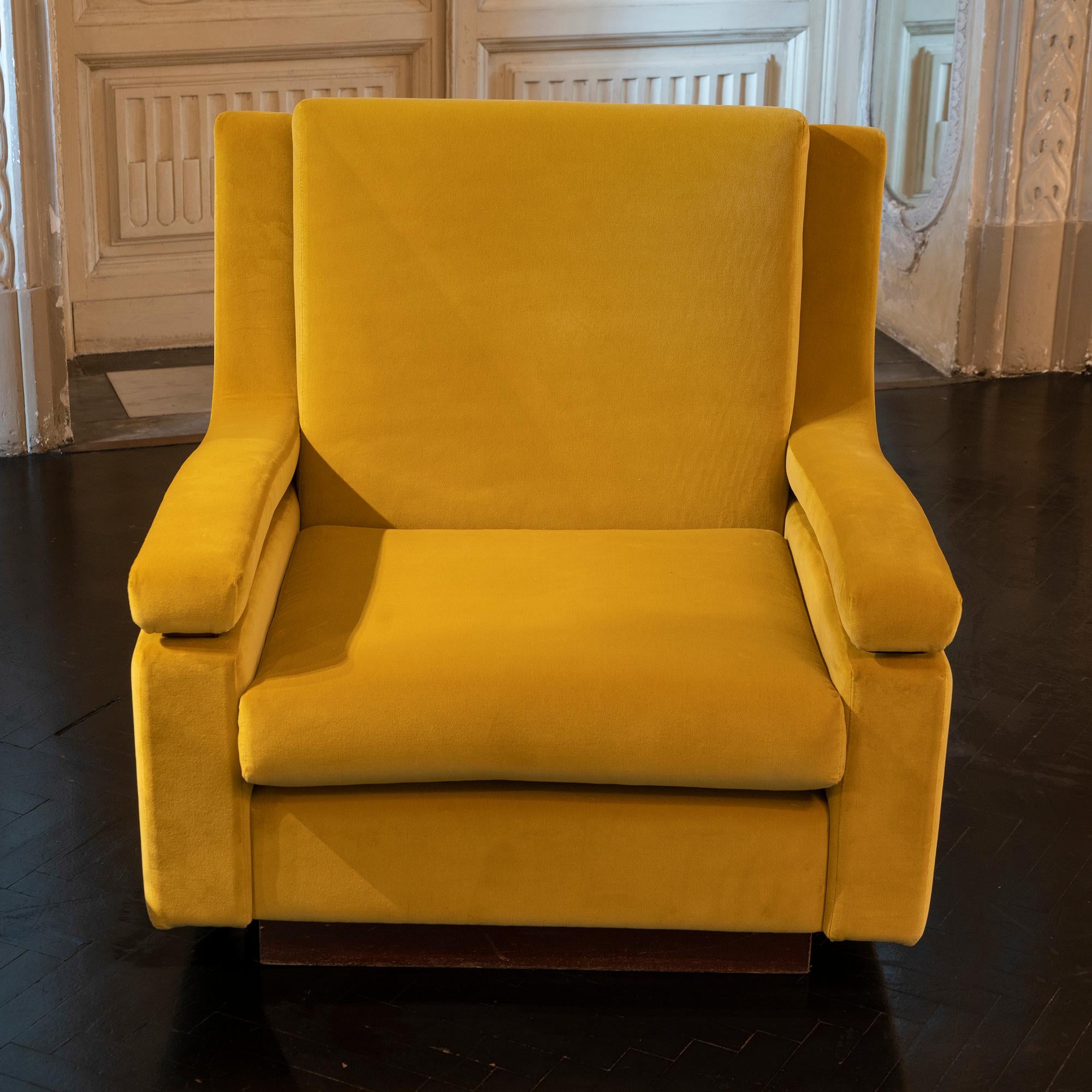 Pair of armchairs upholstered in mustard yellow velvet and wood details, perfect condition and vintage patina, Italy, circa 1950s.