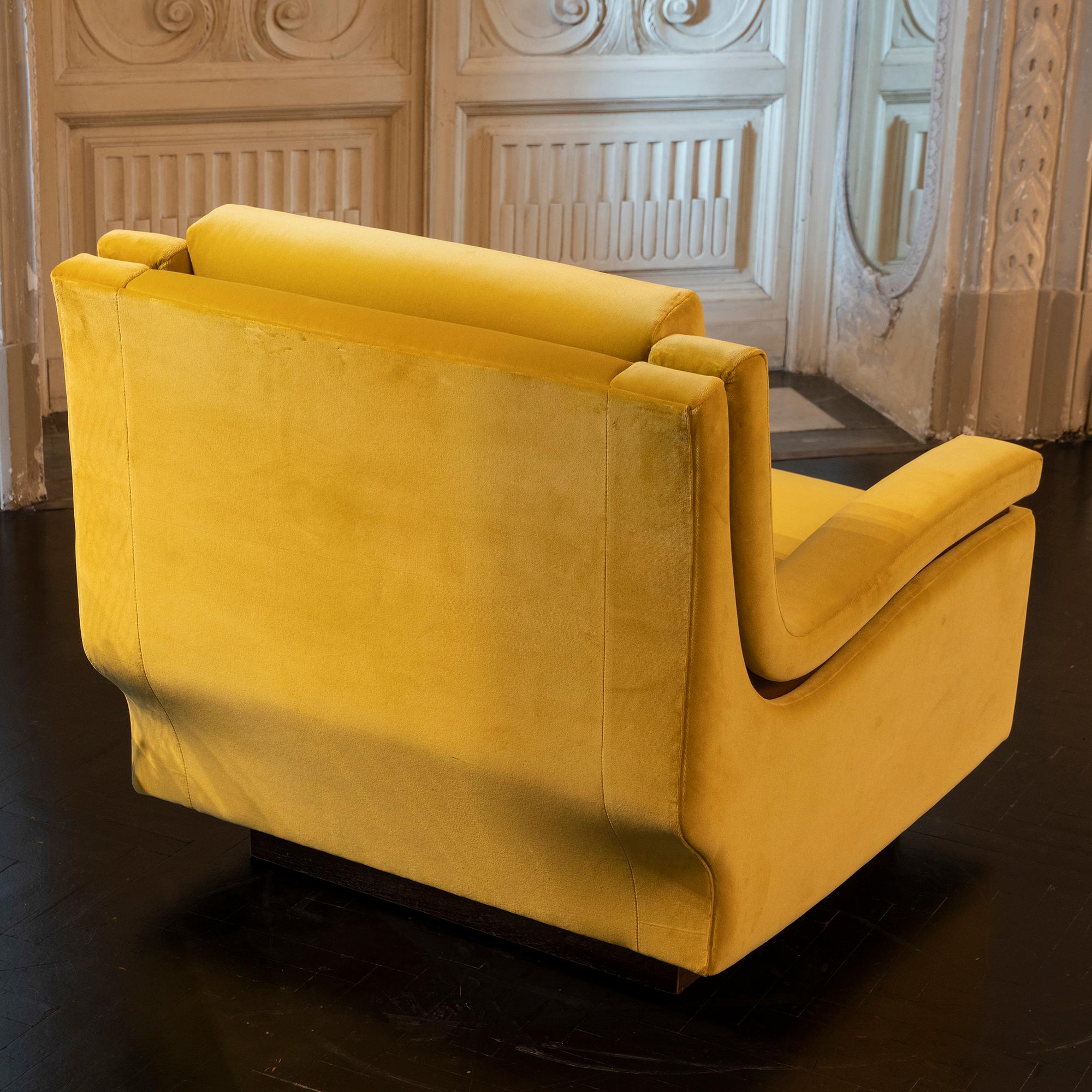 Upholstery Pair of 1950s Italian Armchairs in Mustard Yellow Velvet, Wood Details