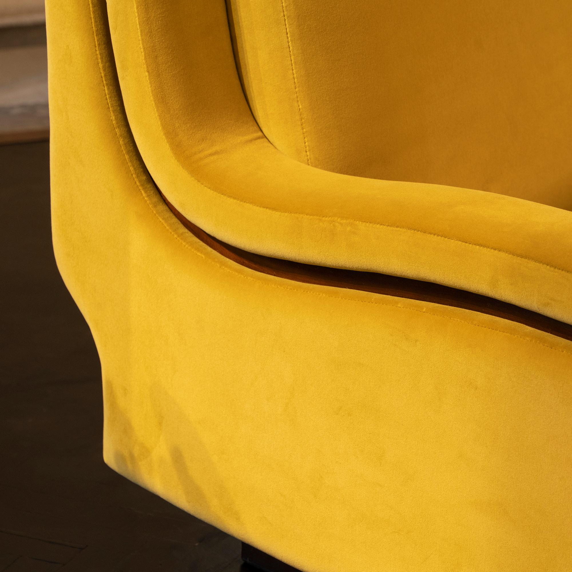 Pair of 1950s Italian Armchairs in Mustard Yellow Velvet, Wood Details 2