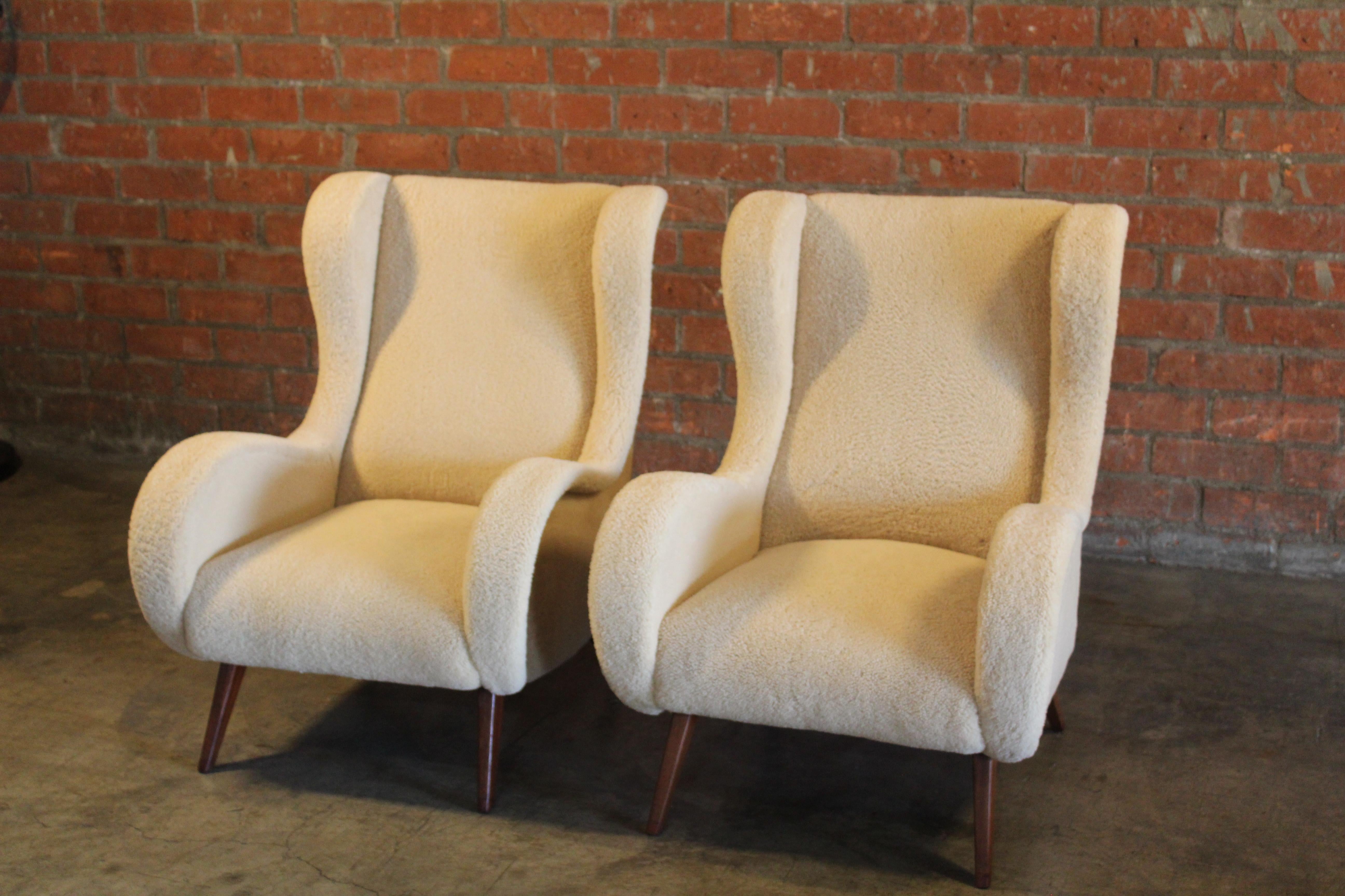 Pair of 1950s Italian Armchairs in Sheepskin in the Style of Marco Zanuso 1