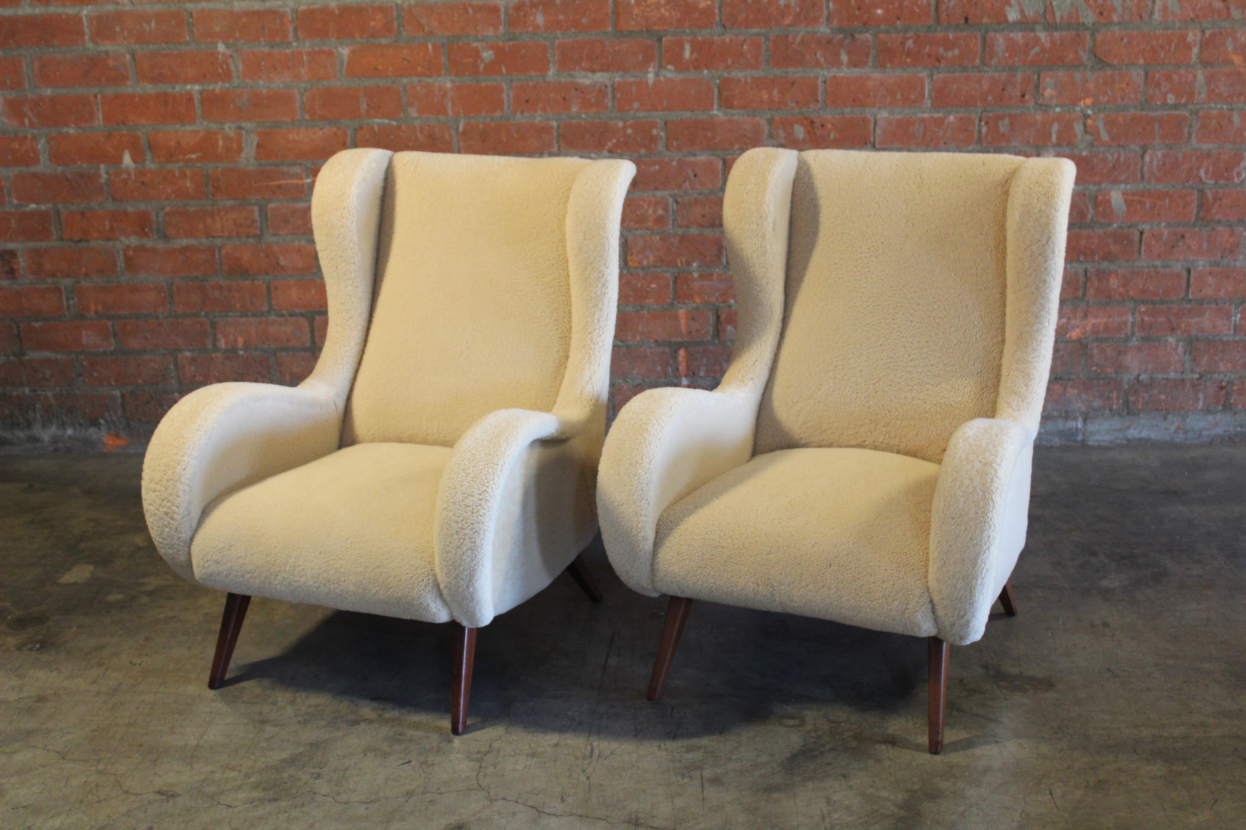 Pair of 1950s Italian Armchairs in Sheepskin in the Style of Marco Zanuso 2