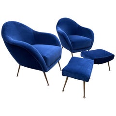 Pair of 1950s Italian Armchairs with Matching Ottomans Reupholstered in Velvet