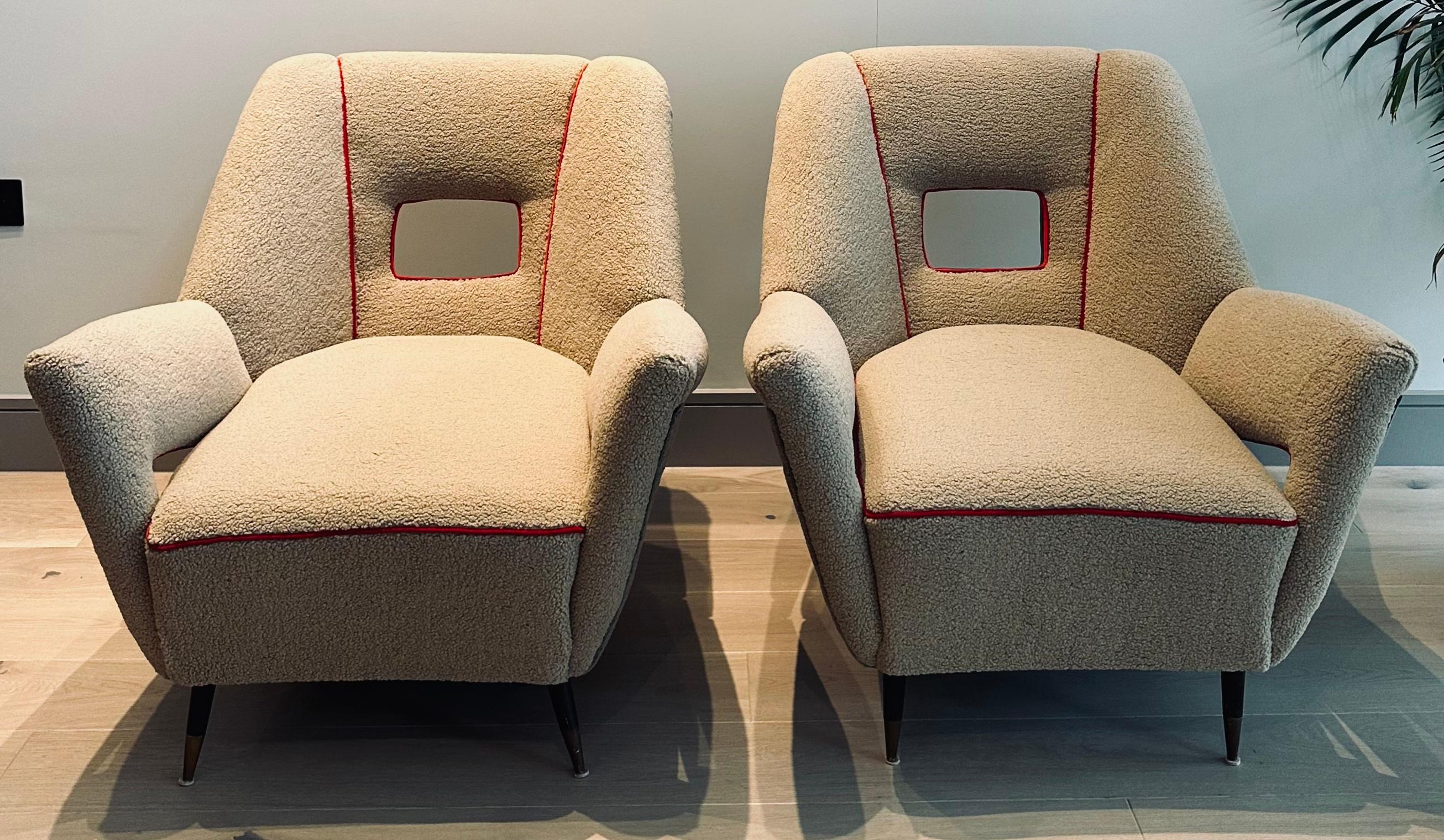 Space Age Pair of 1950s Italian Attr. Pierluigi Colli Tan Boucle & Velvet Armchairs For Sale