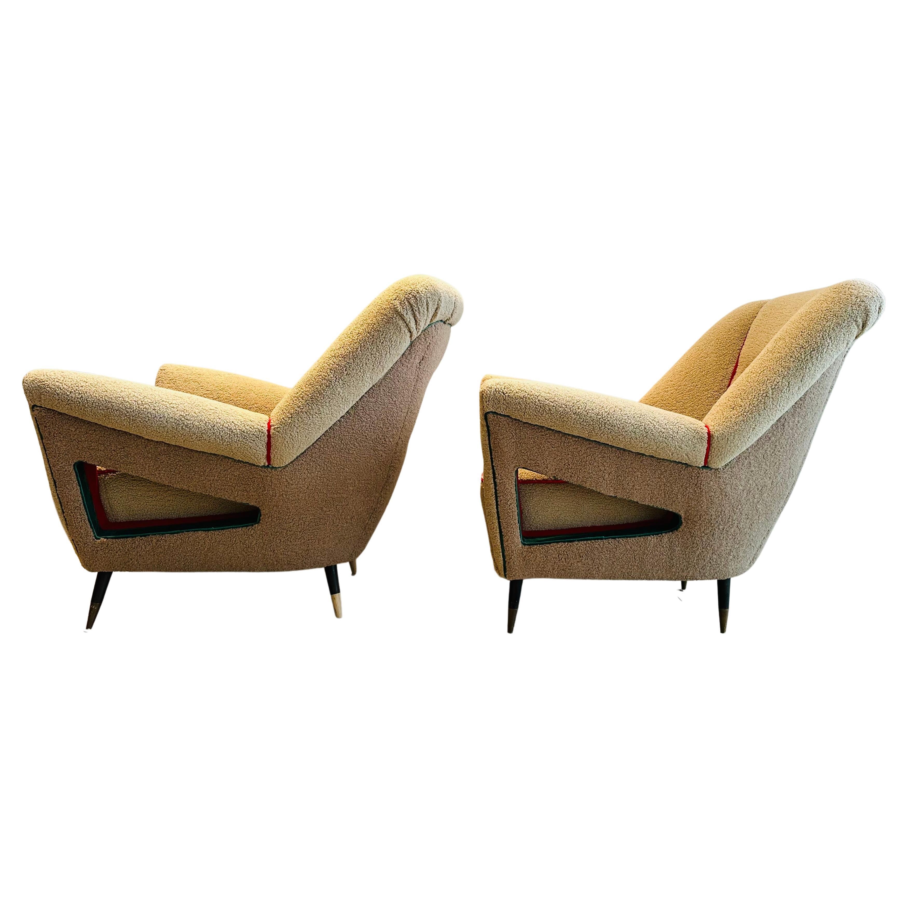 Pair of 1950s Italian Attr. Pierluigi Colli Tan Boucle & Velvet Armchairs For Sale