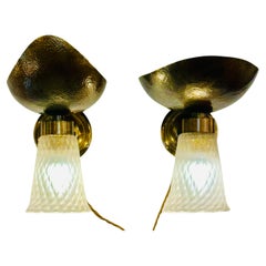 Vintage Pair of 1950s Italian Barovier & Toso Style Murano Glass Bronze Wall Sconces