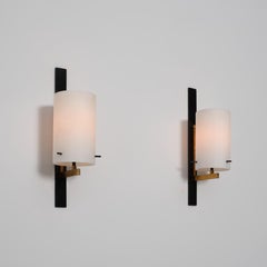 Pair of 1950s Italian Black Lacquered Metal, Brass and Opaline Glass Wall Lights