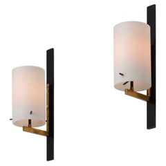 Pair of 1950s Italian Black Lacquered Metal, Brass and Opaline Glass Wall Lights