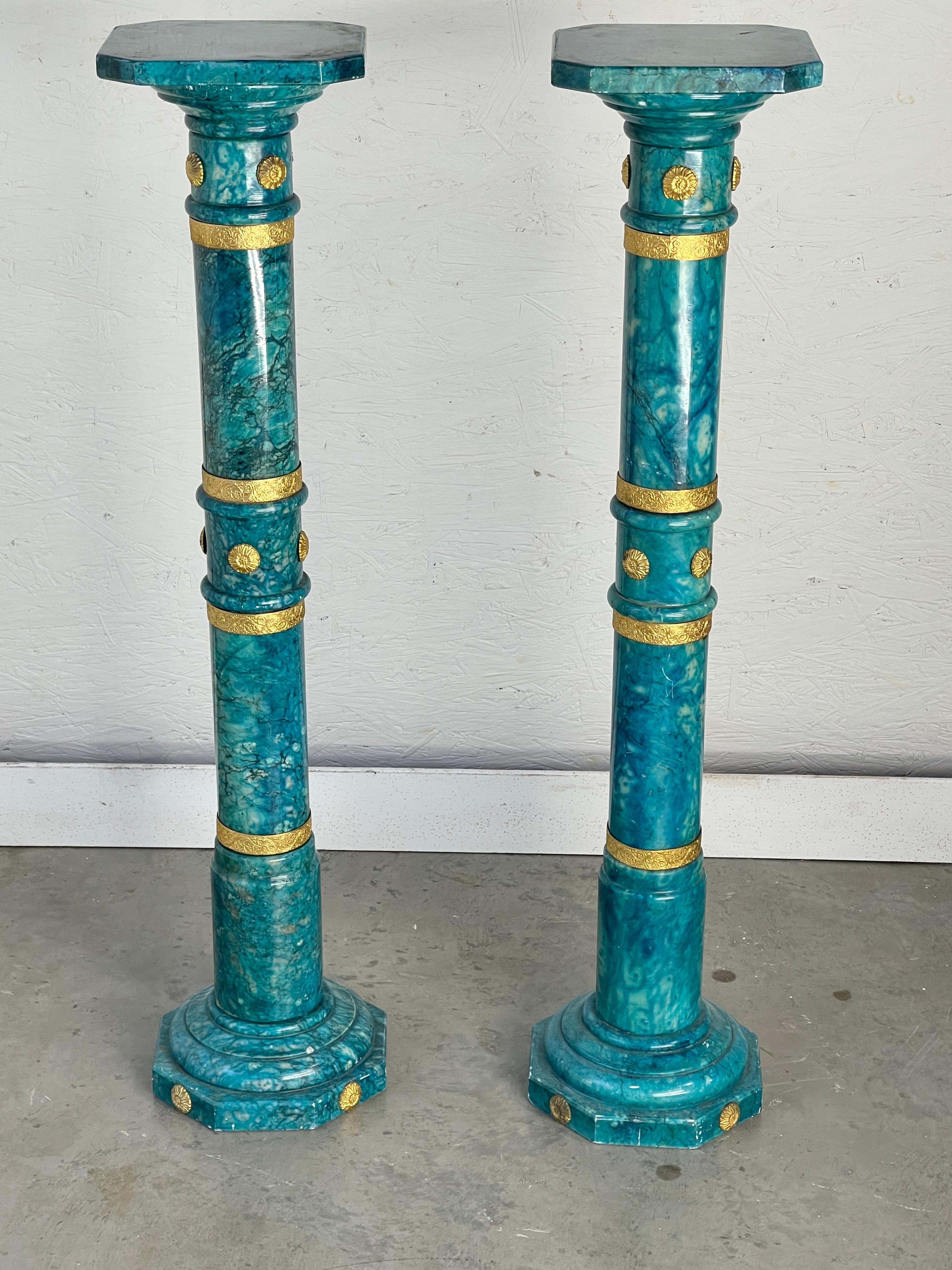 Gilt Pair of 1950's Italian Blue-Green Alabaster Pedestal Columns For Sale