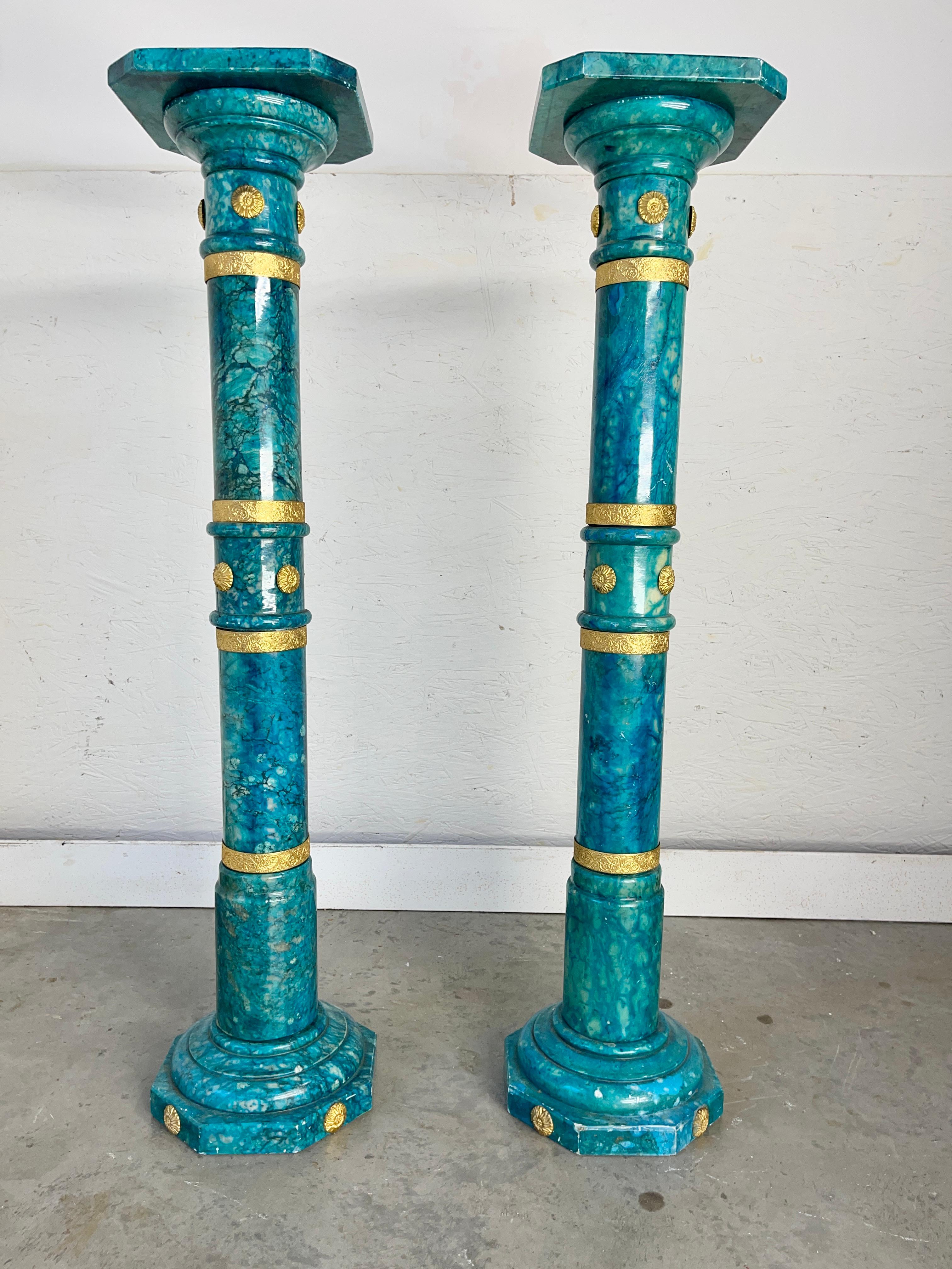 Pair of 1950's Italian Blue-Green Alabaster Pedestal Columns In Good Condition For Sale In Hanover, MA