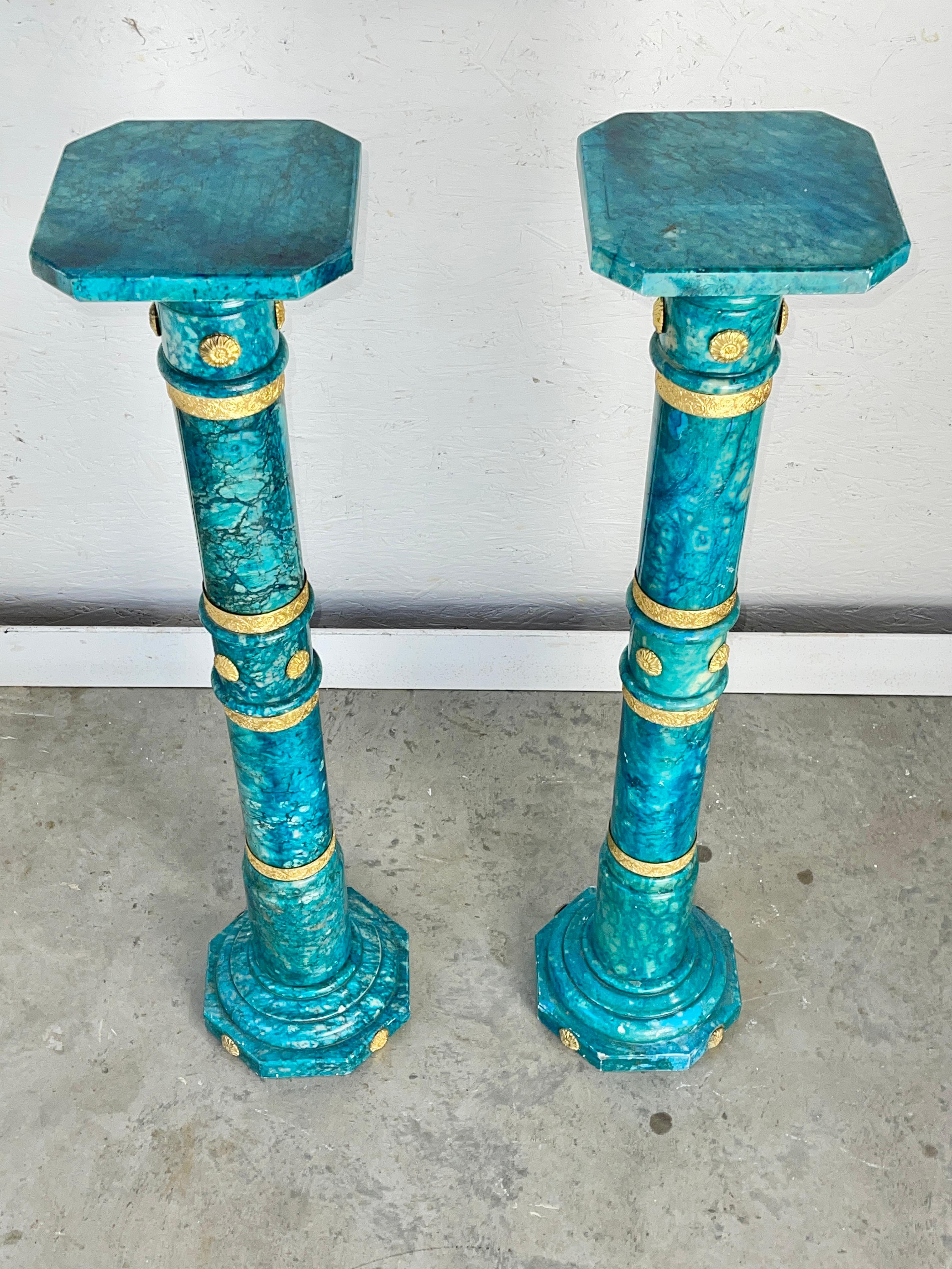 Mid-20th Century Pair of 1950's Italian Blue-Green Alabaster Pedestal Columns For Sale