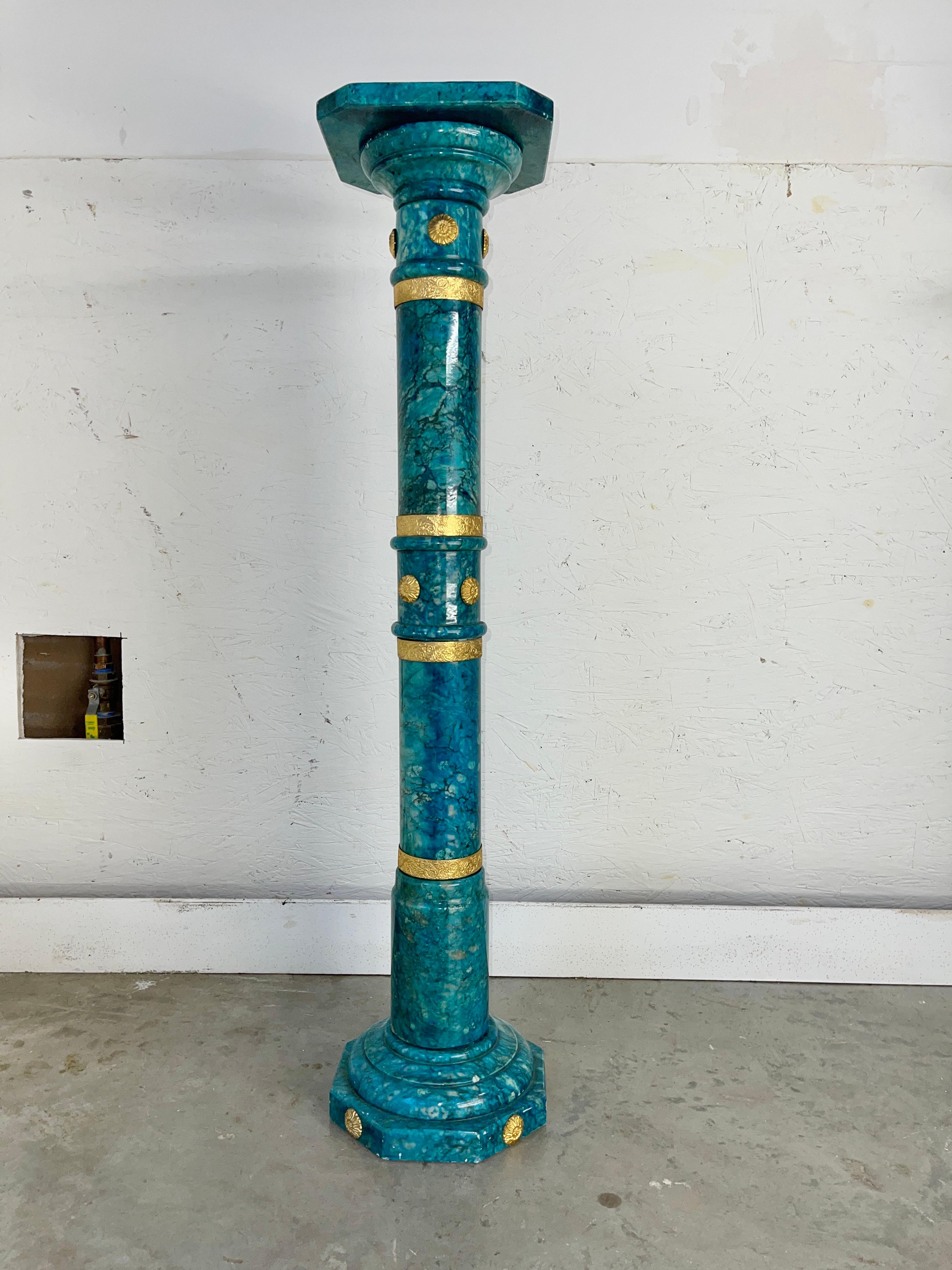 Brass Pair of 1950's Italian Blue-Green Alabaster Pedestal Columns For Sale