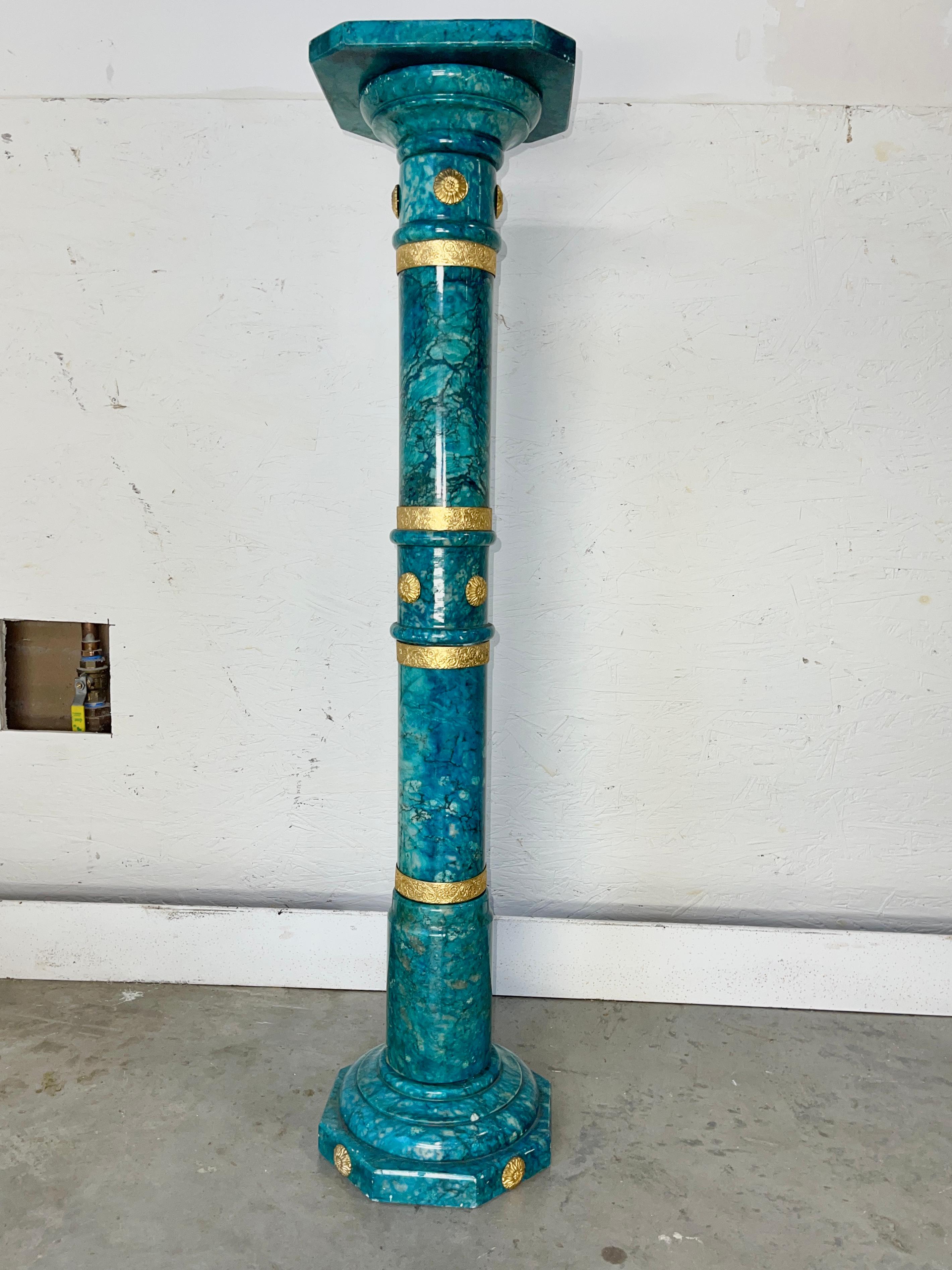 Pair of 1950's Italian Blue-Green Alabaster Pedestal Columns For Sale 1