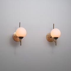 Pair of 1950s Italian Brass and Burnished Steel Sconces with Opaline Glass Globe