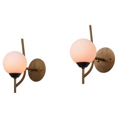 Pair of 1950s Italian Brass and Burnished Steel Sconces with Opaline Glass Globe