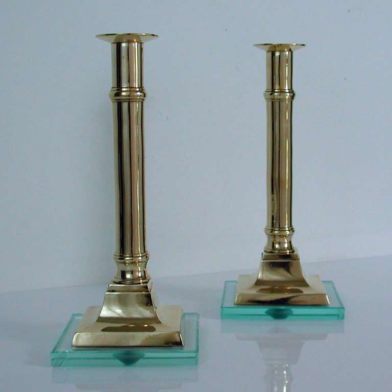 Mid-Century Modern Pair of 1950s Italian Brass and Glass Candlesticks Fontana Arte Style For Sale