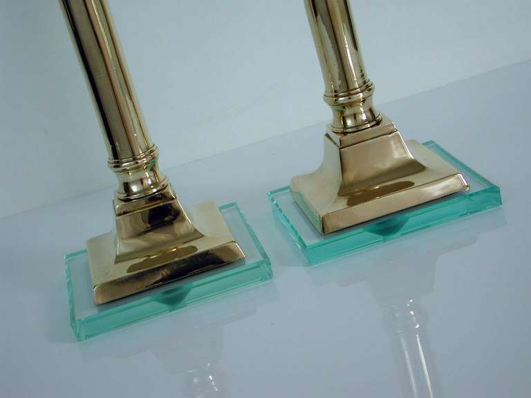 Mid-20th Century Pair of 1950s Italian Brass and Glass Candlesticks Fontana Arte Style For Sale