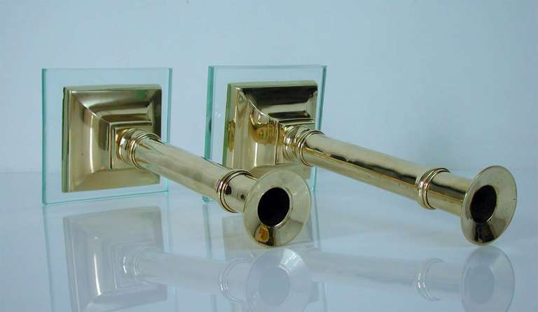Pair of 1950s Italian Brass and Glass Candlesticks Fontana Arte Style For Sale 2