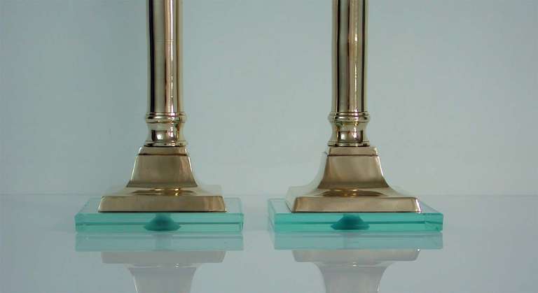 Pair of 1950s Italian Brass and Glass Candlesticks Fontana Arte Style For Sale 4