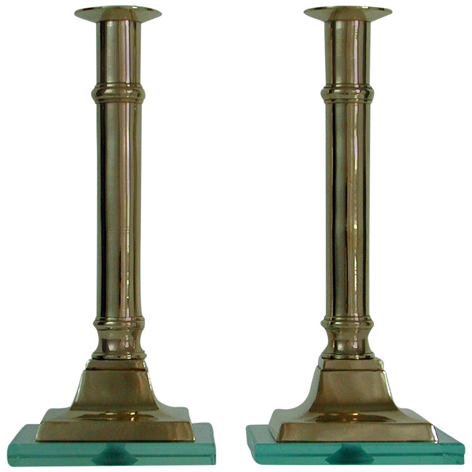 Pair of 1950s Italian Brass and Glass Candlesticks Fontana Arte Style