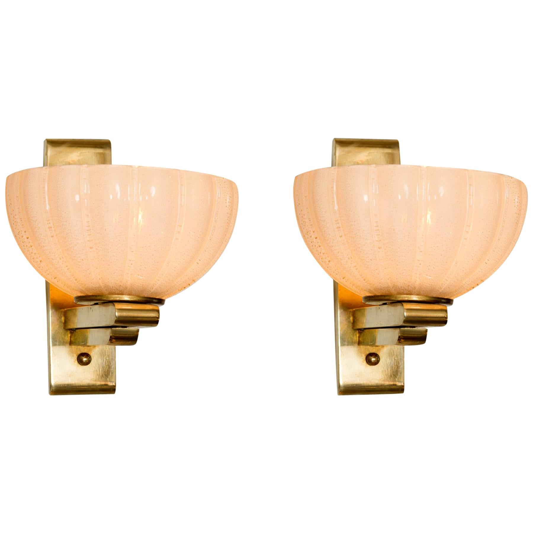 Pair of 1950s Italian Brass and Glass 'Cup' Wall Lights