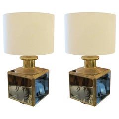Pair of 1950s Italian Brass and Glass Table Lamps with Mirrored Panels