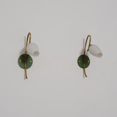 Pair of 1950s Italian Brass and Green Lacquered Wall Sconces with Opaline Glass