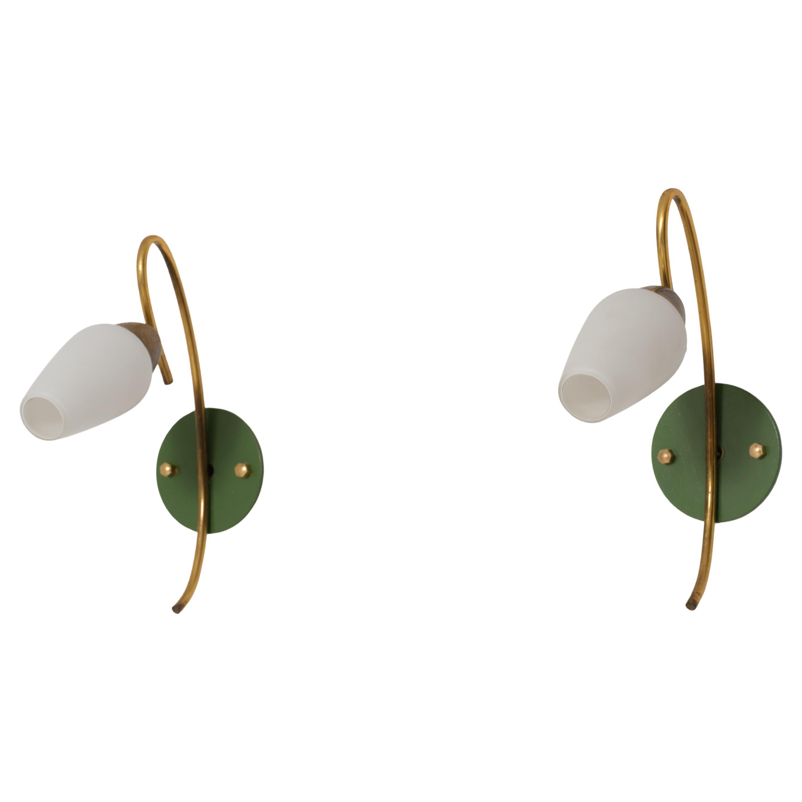 Pair of 1950s Italian Brass and Green Lacquered Wall Sconces with Opaline Glass
