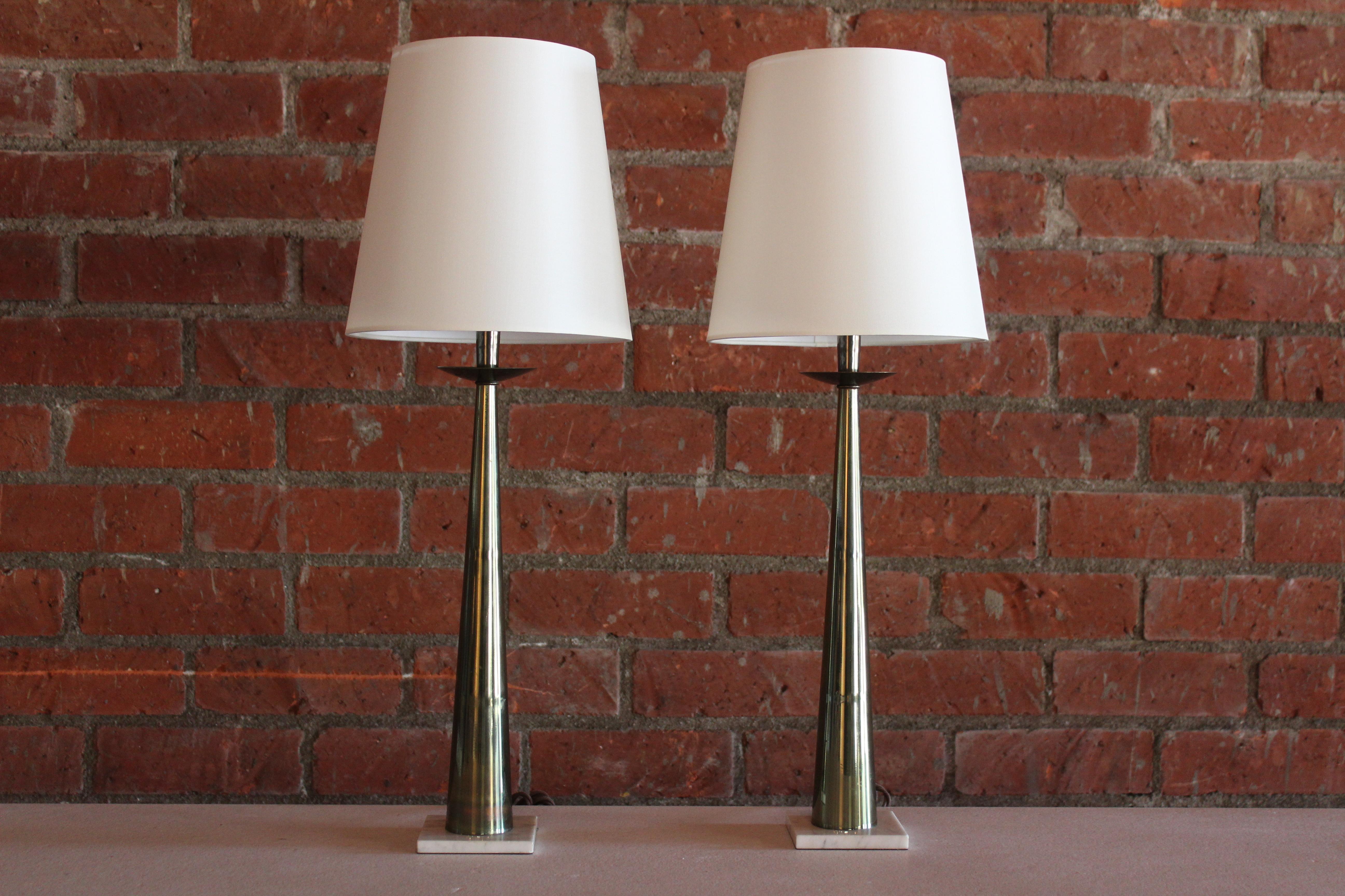 Pair of 1950s Italian brass and marble candlestick table lamps. Newly rewired with custom shades in silk. 28.5