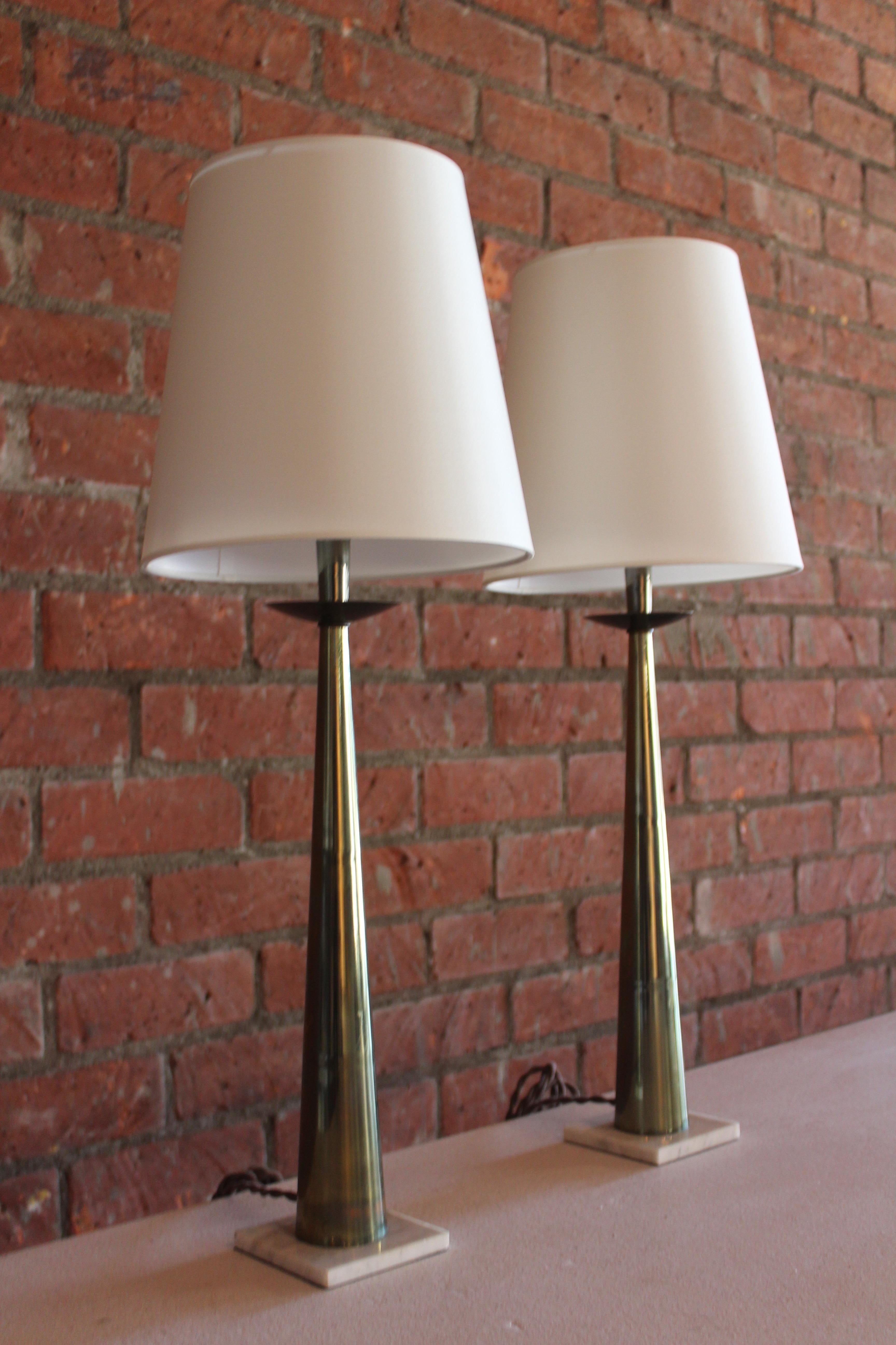 Pair of 1950s Italian Brass and Marble Table Lamps 1