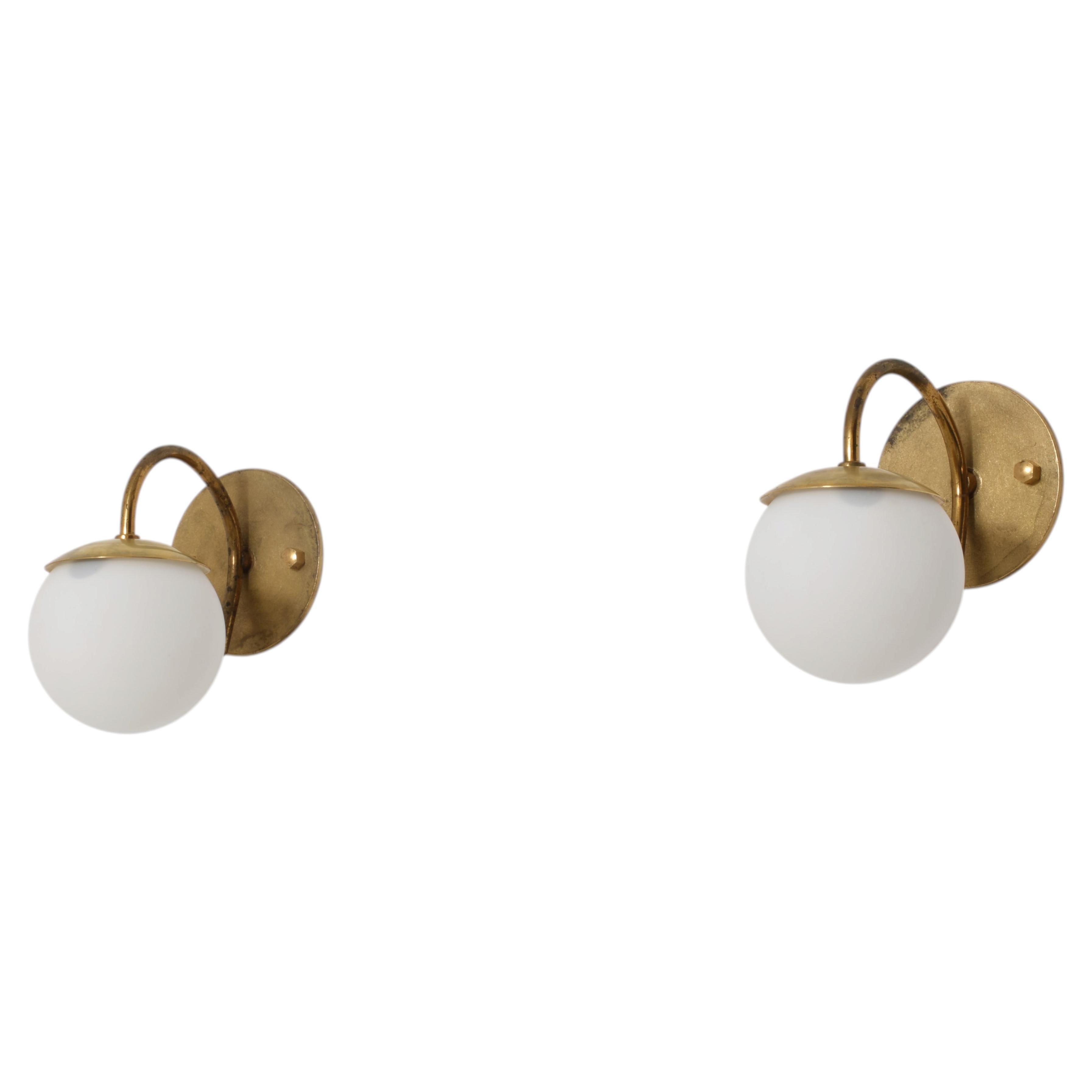 Pair of 1950s Italian Brass and Opaline Glass Globe Wall Sconces