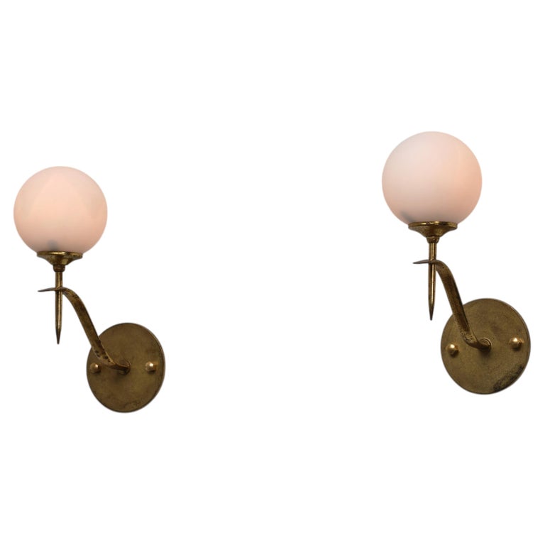 Pair of 1950s Italian Brass and Opaline Glass Globe Wall Sconces