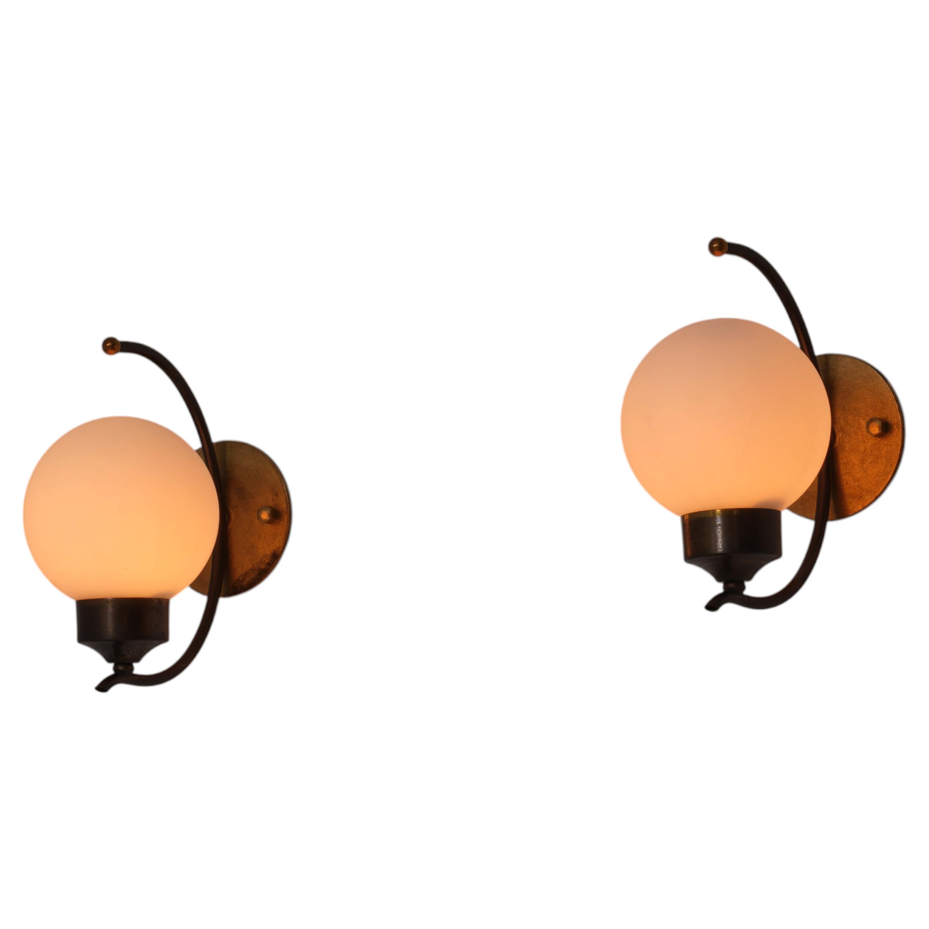 Pair of 1950s Italian Brass and Opaline Glass Wall Sconces