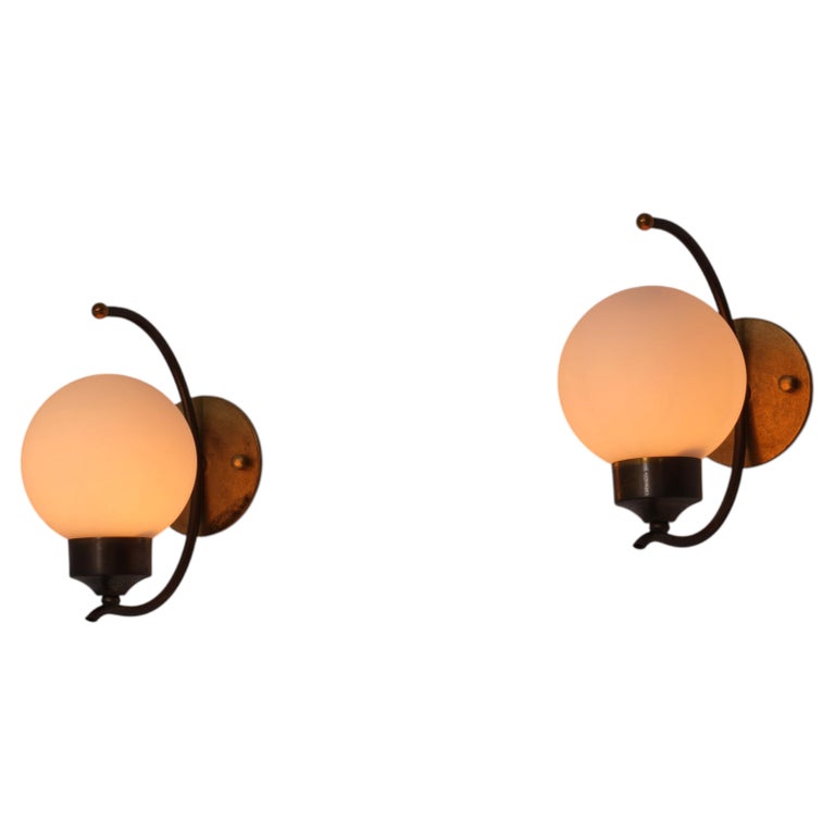 Pair of 1950s Italian Brass and Opaline Glass Wall Sconces