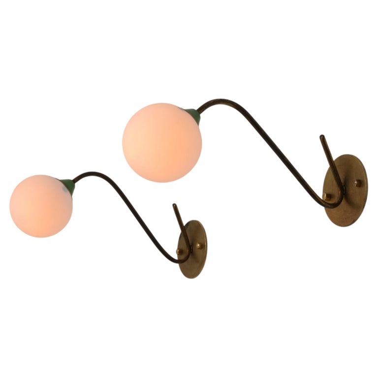 Pair of 1950s Italian Brass and Opaline Glass Wall Sconces