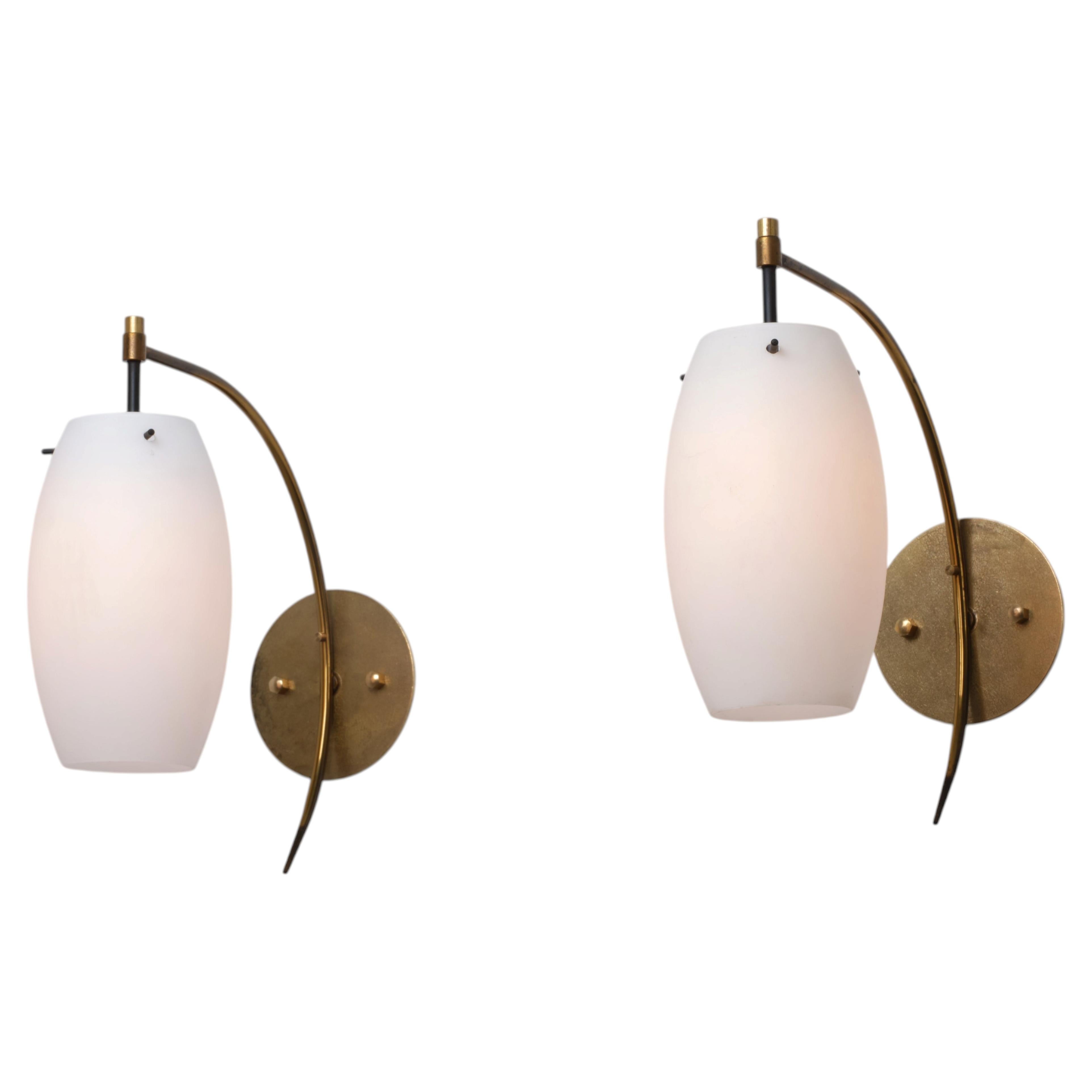 Pair of 1950s Italian Brass and Opaline Glass Wall Sconces with Arched Arms