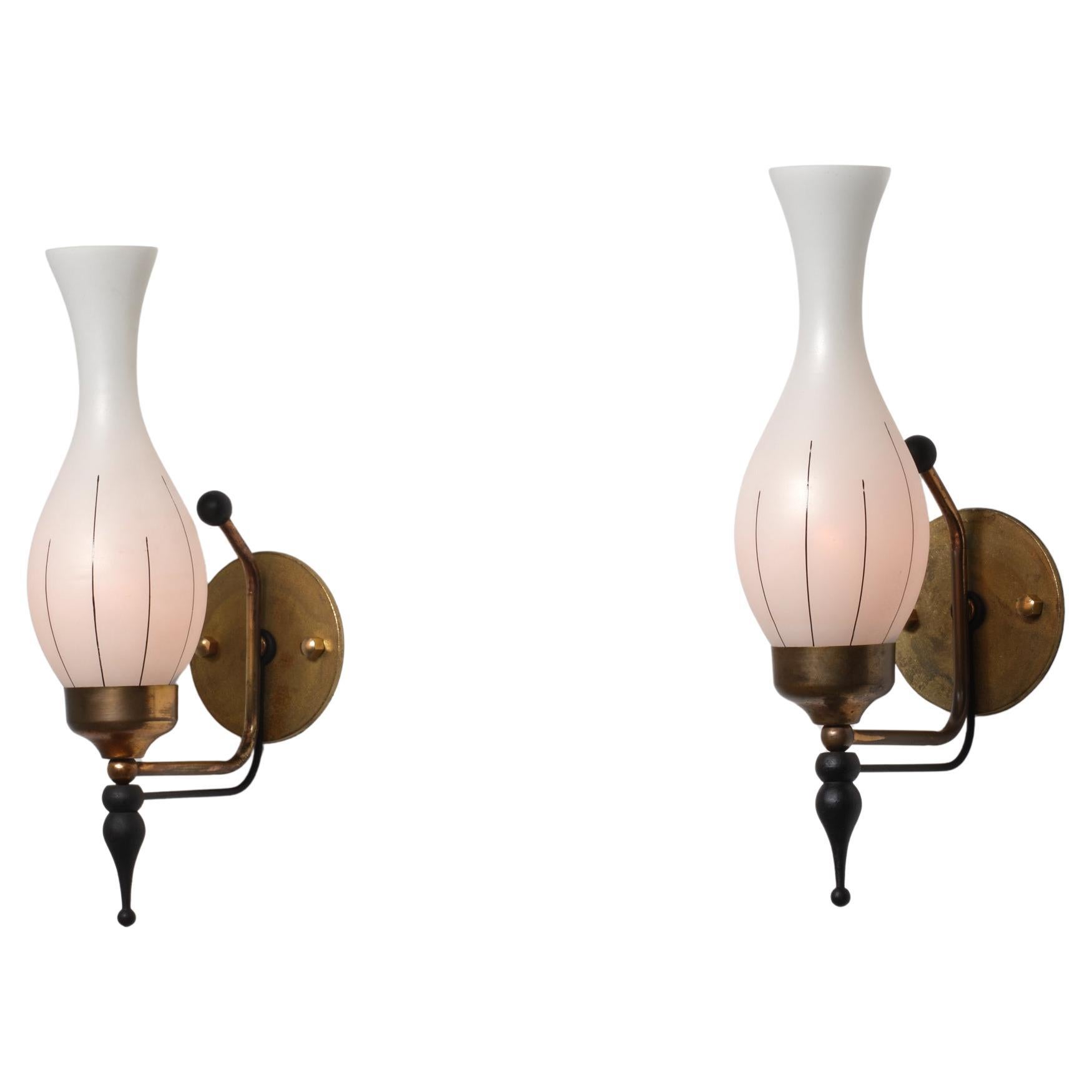 Pair of 1950s Italian Brass, Black-Lacquered Metal
Opaline Glass Wall Sconces
