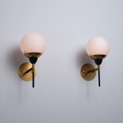 Pair of 1950s Italian Brass, Black Metal and Opaline Glass Globe Wall Sconces