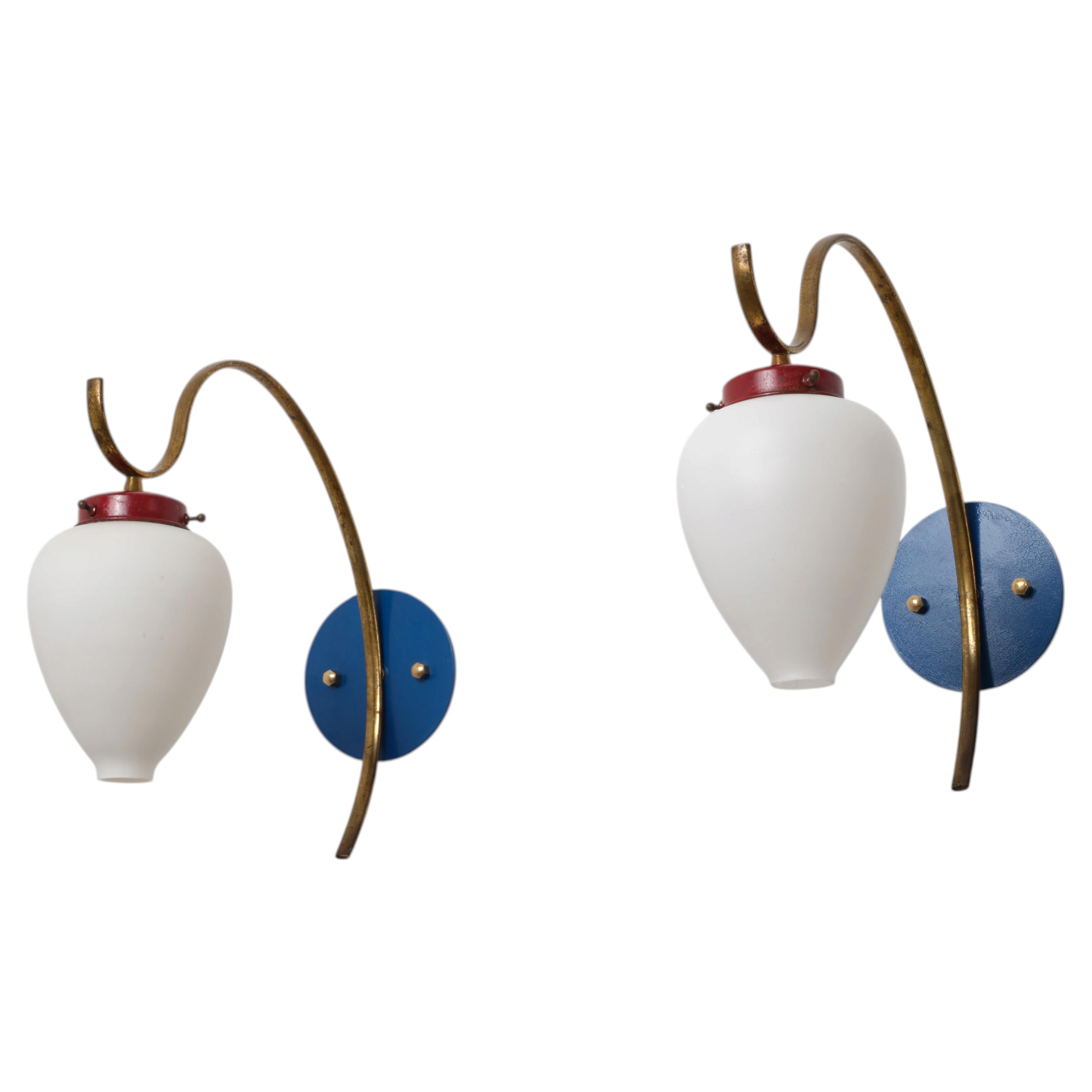 Pair of 1950s Italian Brass, Blue and Red Metal and Opaline Glass Sconces