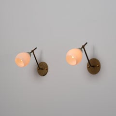 Pair of 1950s Italian Brass, Green Lacquered Metal and Opaline Glass Sconces