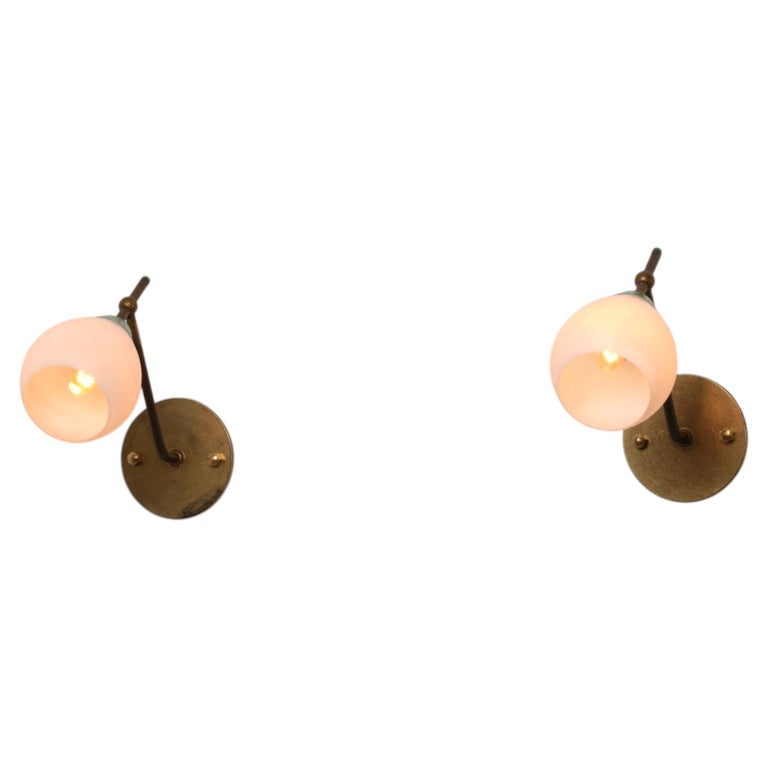 Pair of 1950s Italian Brass, Green Lacquered Metal and Opaline Glass Sconces