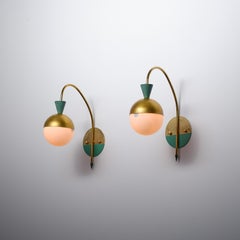Pair of 1950s Italian Brass Sconces Attributed to Stilnovo with Opaline Globes