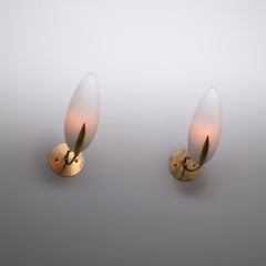 Pair of 1950s Italian Brass Sconces with Almond-Shaped Opaline Glass Shades