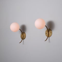 Pair of 1950s Italian Brass Sconces with Opaline Glass Globes