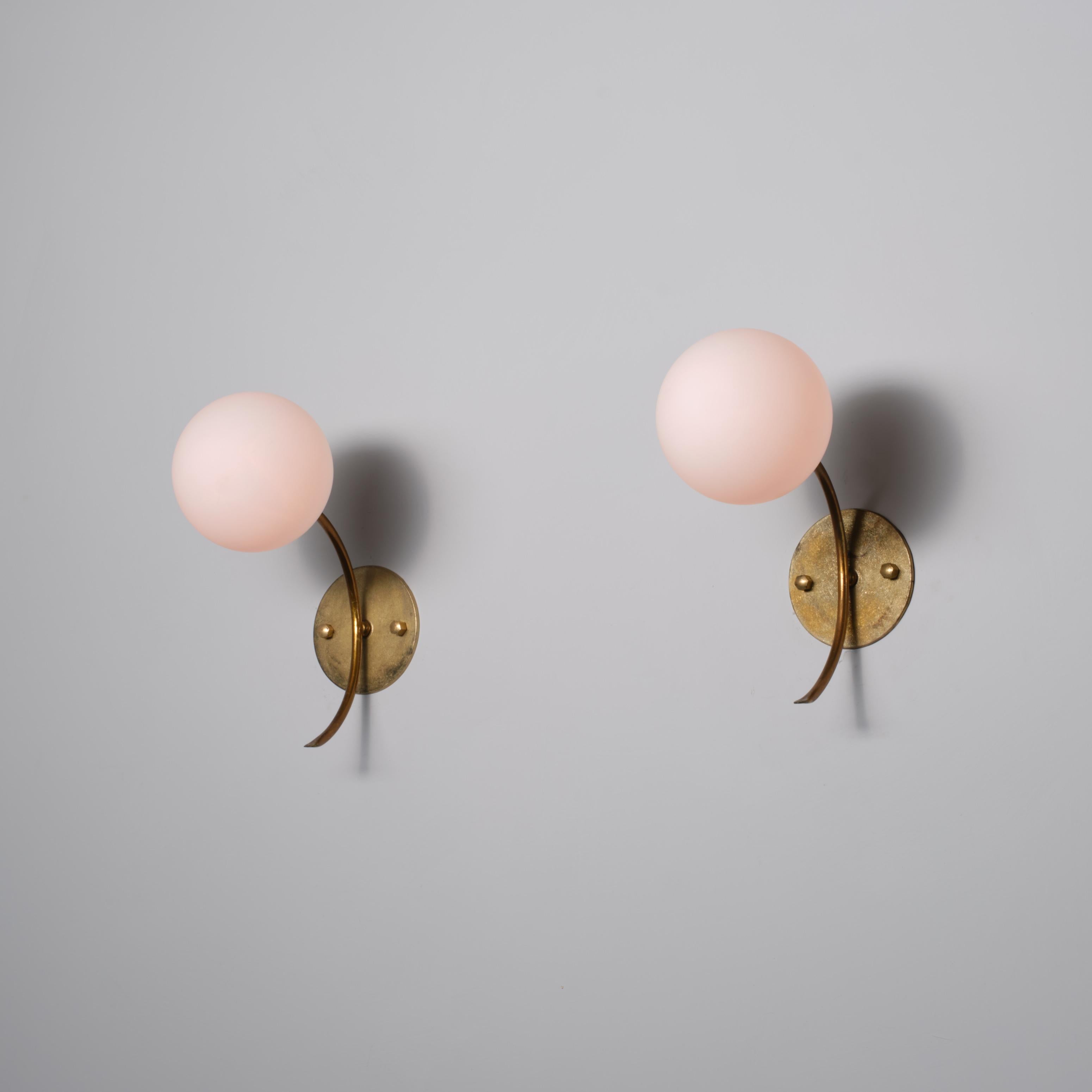Mid-Century Modern Pair of 1950s Italian Brass Sconces with Opaline Glass Globes For Sale