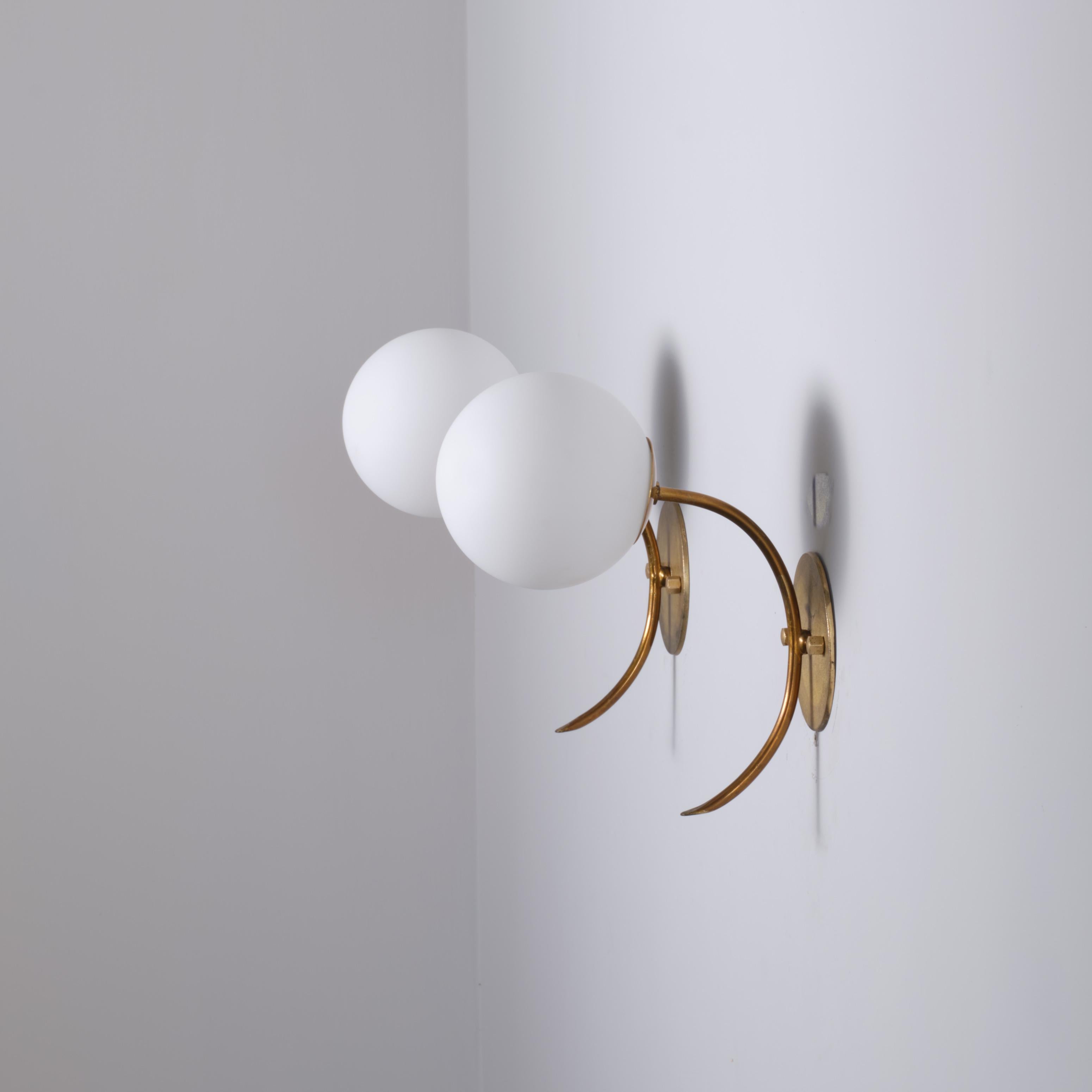Mid-20th Century Pair of 1950s Italian Brass Sconces with Opaline Glass Globes For Sale